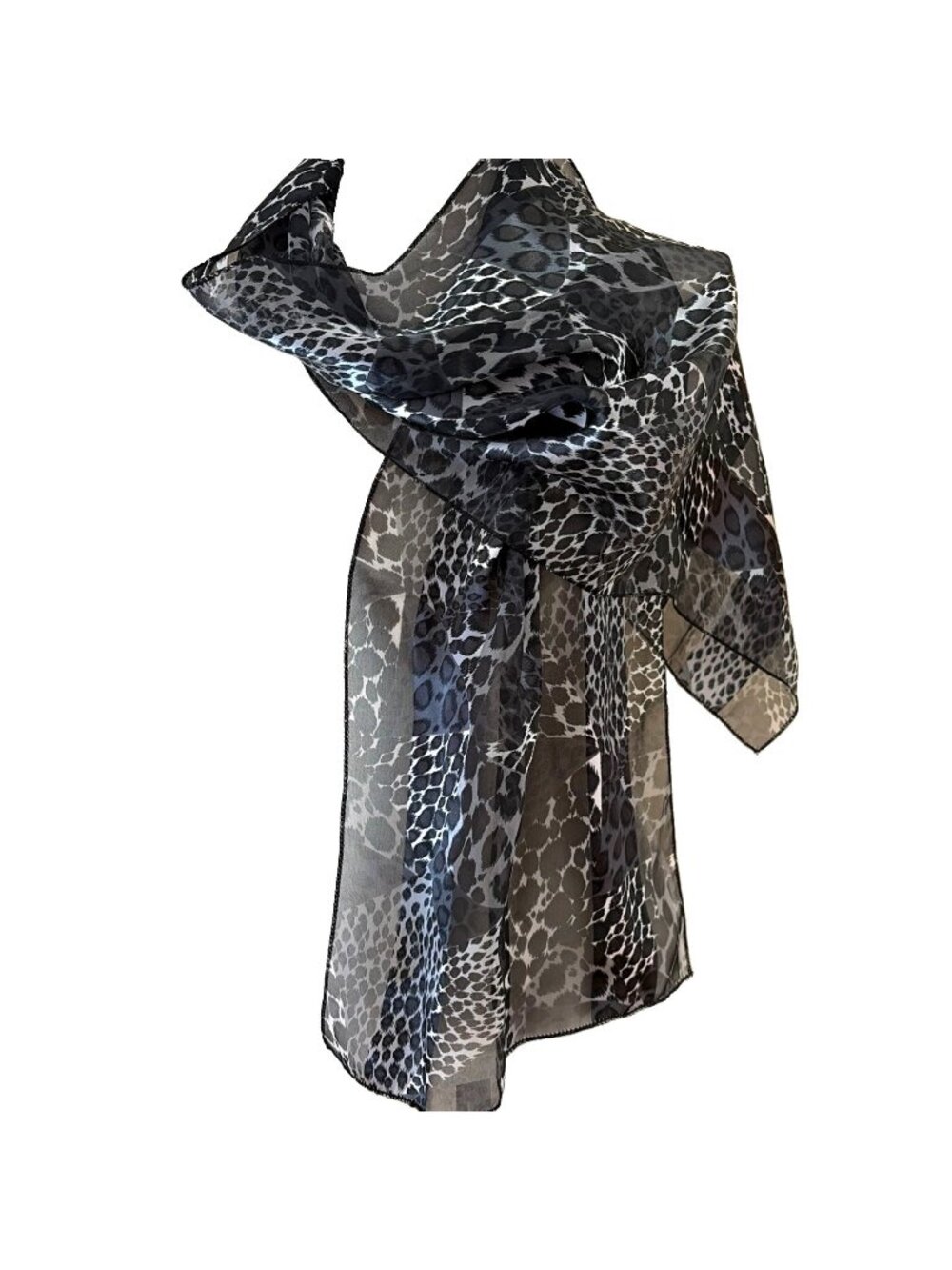 Vintage Black Animal Print Scarf Rectangle 60X13" Satin Stripe Sheer Luxury